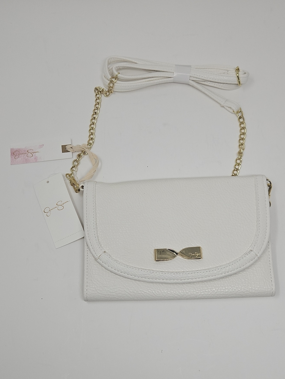 Jessica Simpson White Crossbody Bag with Faux Gold Chain Accents Zipper Pockets